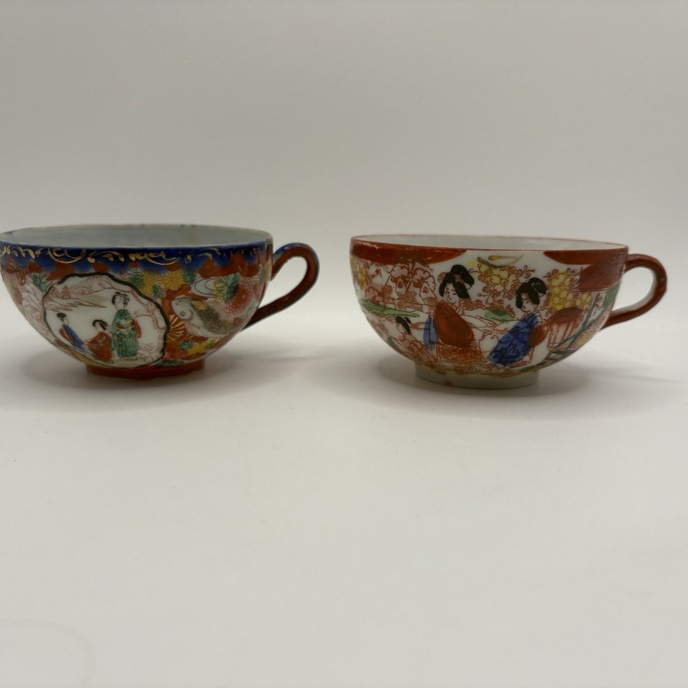 Vintage Set Of 2 Japanese Geisha Eggshell  Porcelain Tea Cups Hand Painted